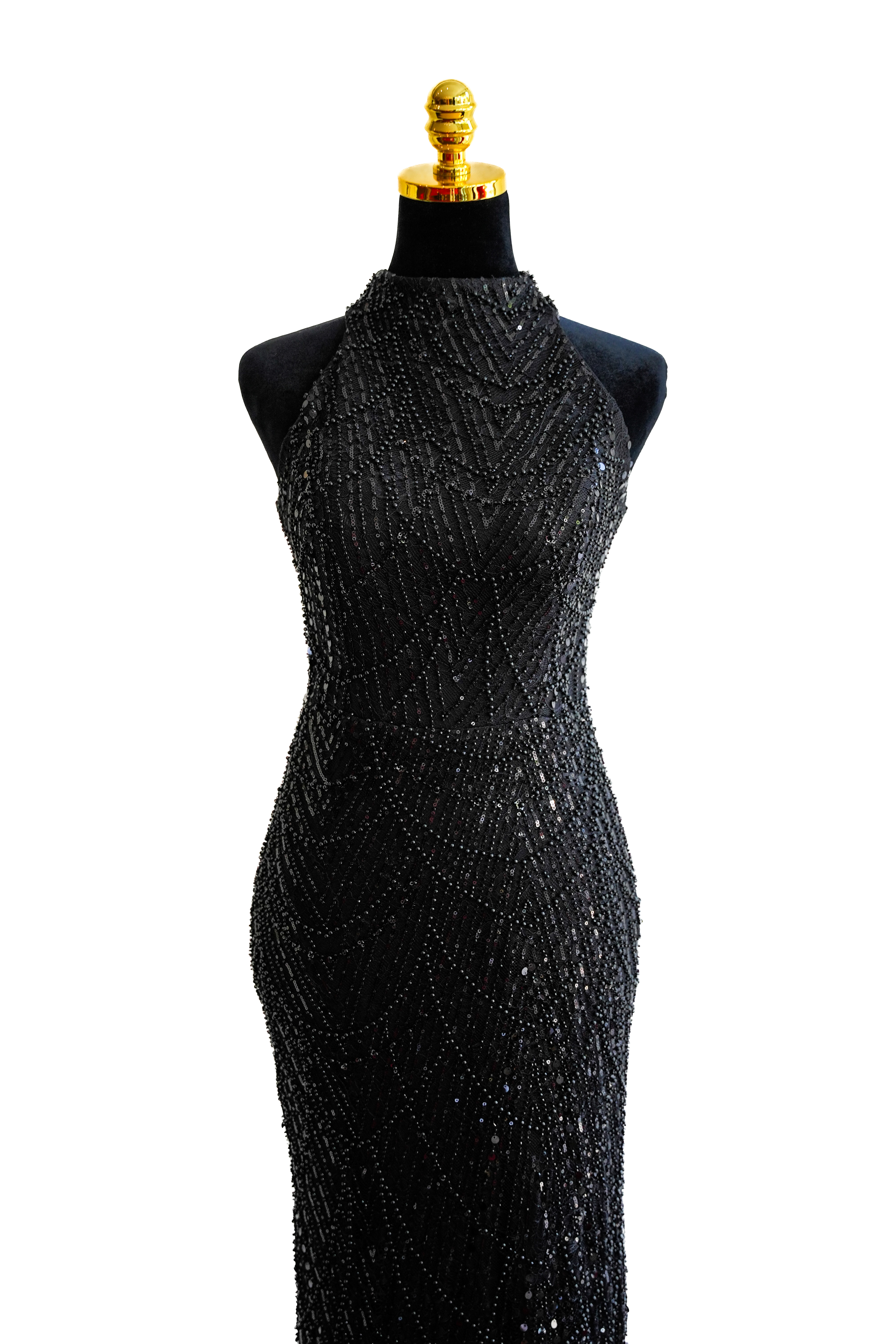 Schwarzes Paillettenkleid mit hohem Ausschnitt