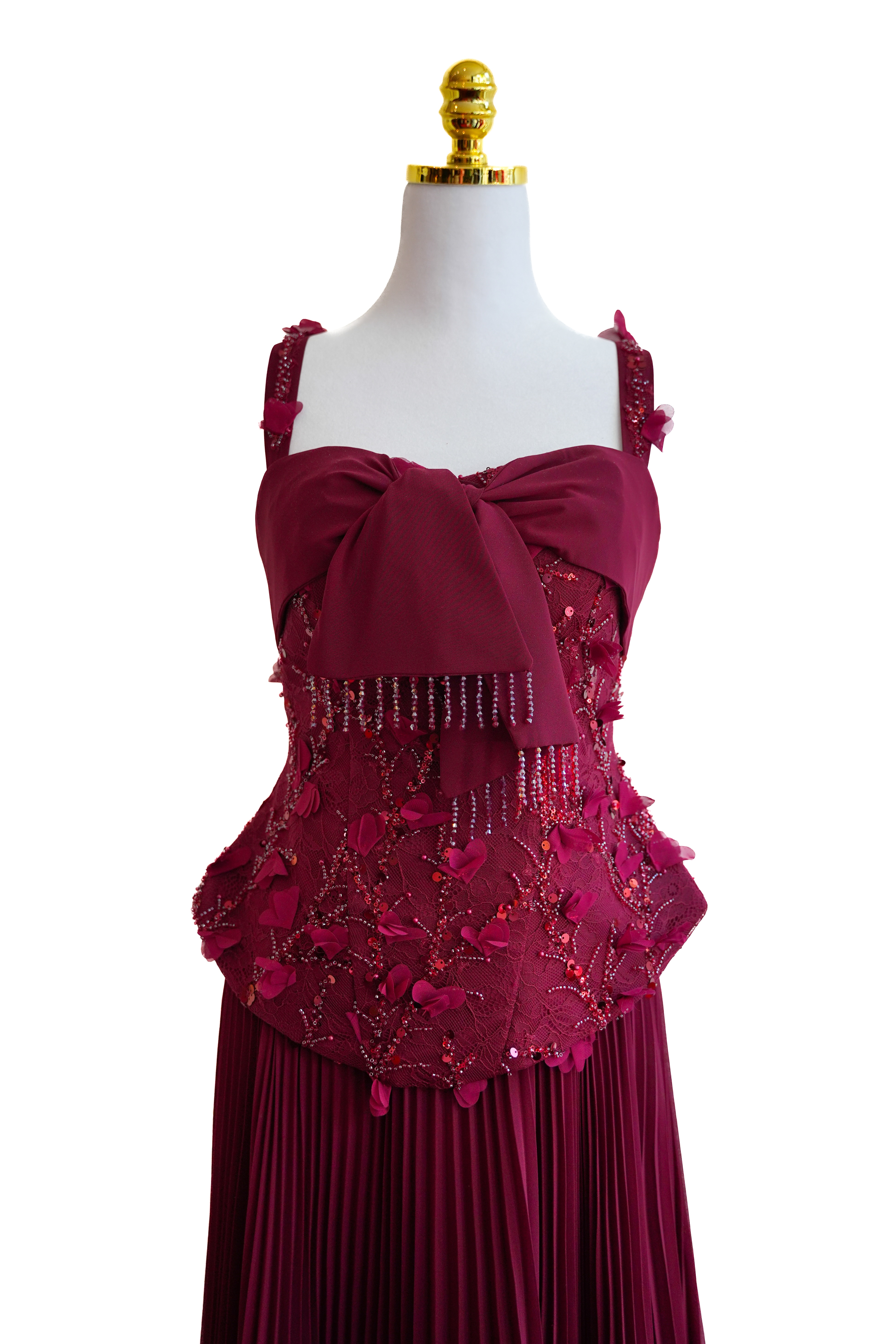 Bordeauxfarbenes Abendkleid mit Schleife und Perlenbesatz